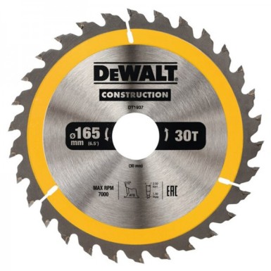 Δίσκος Κοπής Φορητών Δισκοπρίονων 165 X 30mm 30T Dewalt DT1937