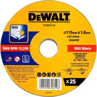 Δίσκος Κοπής Inox 115x1mm Σετ 25 τεμ DEWALT DT20593 