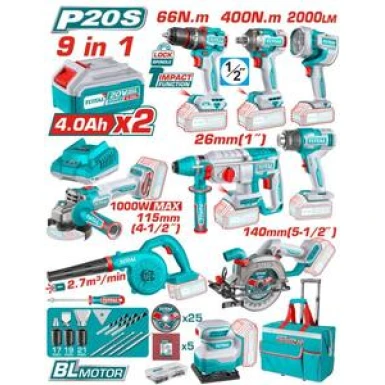 TOTAL TOSLI250381E  ΕΠΑΓΓ. ΣΕΤ 9τεμ ΕΡΓΑΛΕΙΩΝ ΜΠΑΤ. Li-ion 20V / 4Ah / 2 ΜΠΑΤΑΡΙΕΣ BL Motor