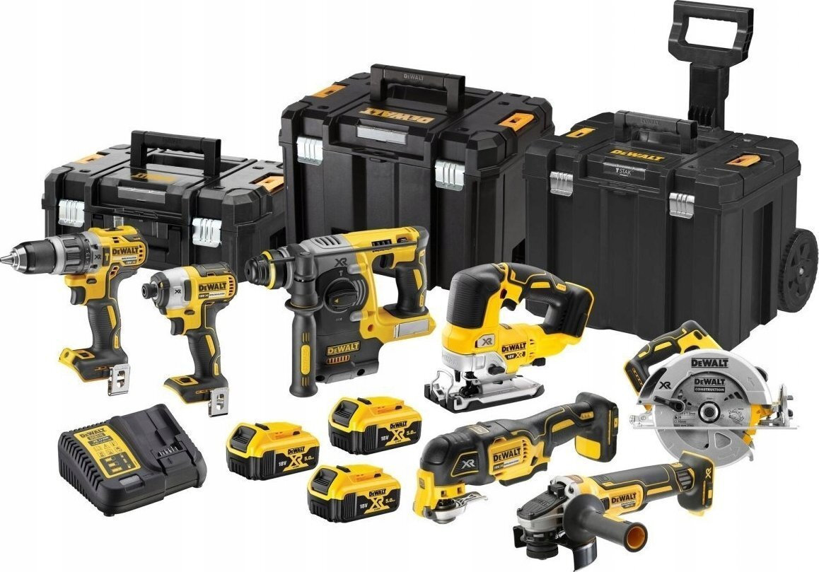 DeWalt Σετ Γωνιακός Τροχός & Δισκοπρίονο & Δράπανο & Κατσαβίδι & Κρουστικό Δραπανοκατσάβιδο & Πολυεργαλείο & Πριόνι & Σέγα & Σκαπτικό 18V με 3 Μπαταρίες 5Ah και Θήκη DCK755P3T