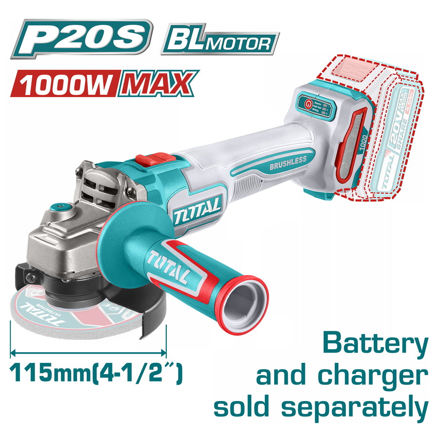 TOTAL ΕΠΑΓΓ. ΓΩΝΙΑΚΟΣ ΤΡΟΧΟΣ ΜΠΑΤ. Li-ion 20V / 115mm ΧΩΡΙΣ ΜΠΑΤΑΡΙΑ & ΦΟΡΤΙΣΤΗ (TAGLI27153)