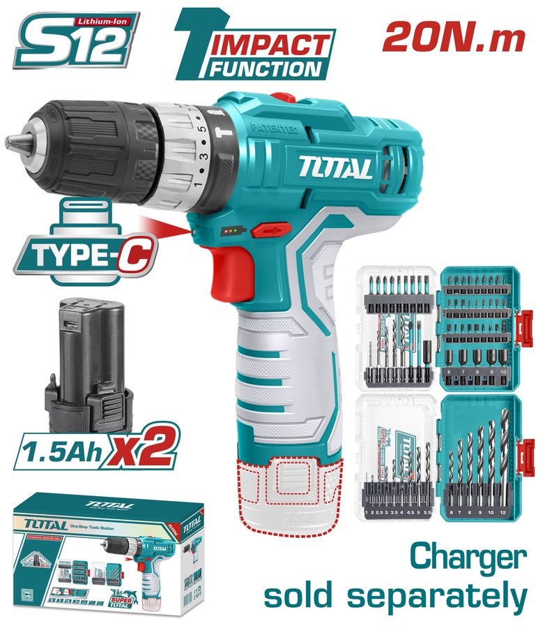 TOTAL ΕΠΑΓΓ. ΔΡΑΠ/ΒΙΔΟ ΚΡΟΥΣΤΙΚΟ ΜΠΑΤ. Li-ion 12V / 1.5Ah / 20Nm / 2 ΜΠΑΤ Type-C (TOSLI241197E)